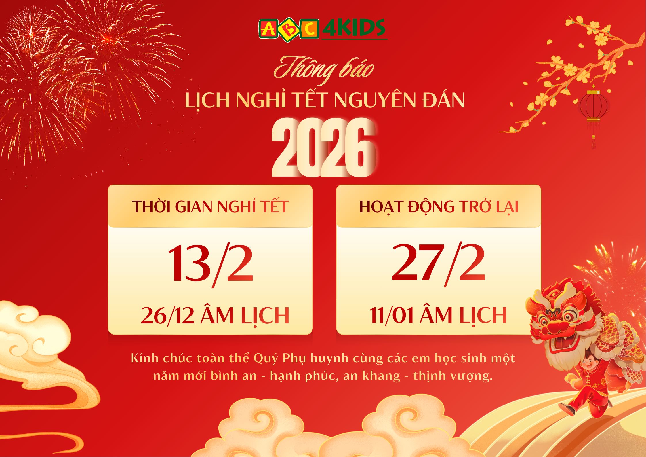 Lịch nghỉ Tết Nguyên Đán 2026